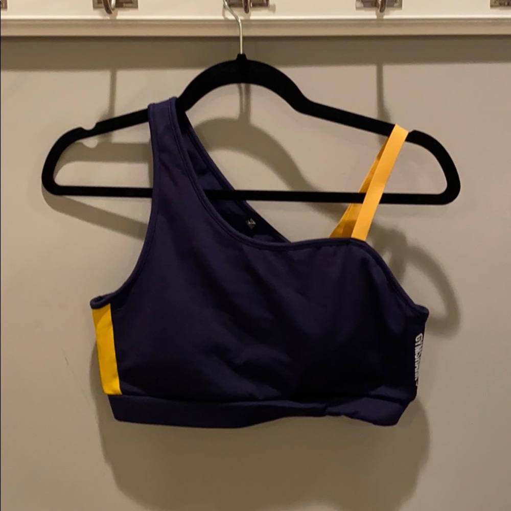 navy and yellow gymshark sports bra